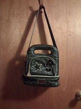 Betsey Johnson Black Quilted Lunch Tote with Star & Heart Appliqués. 8×10